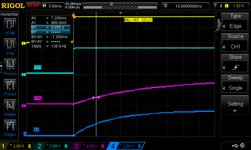 The turn-on behavior of the logic circuit during the cold start. Note the different slew-rate for the PRE and CLK signal.