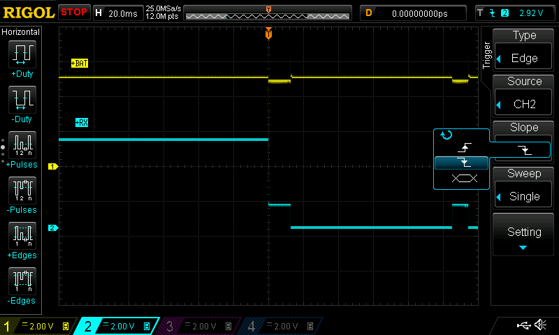 Entering the overload event (0.22ohm resistor as a load). The output switches off and the eFuse tries re-enabling it every 90ms.