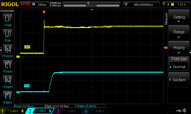 The turn-on behavior of the 3.3V voltage regulator U1.
