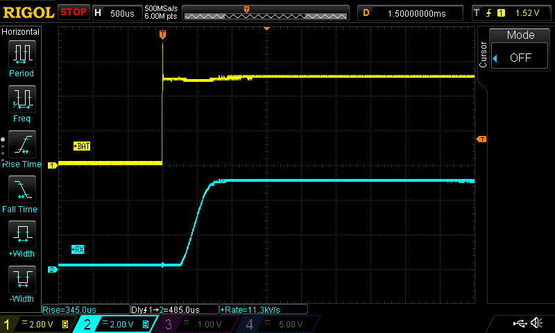 The turn-on behavior. The circuit supplies a receiver with two servos from the lab power supply. The noise on the yellow trace is due to the mechanical insertion of the banana plug. Note the output voltage slew-rate set by C4.